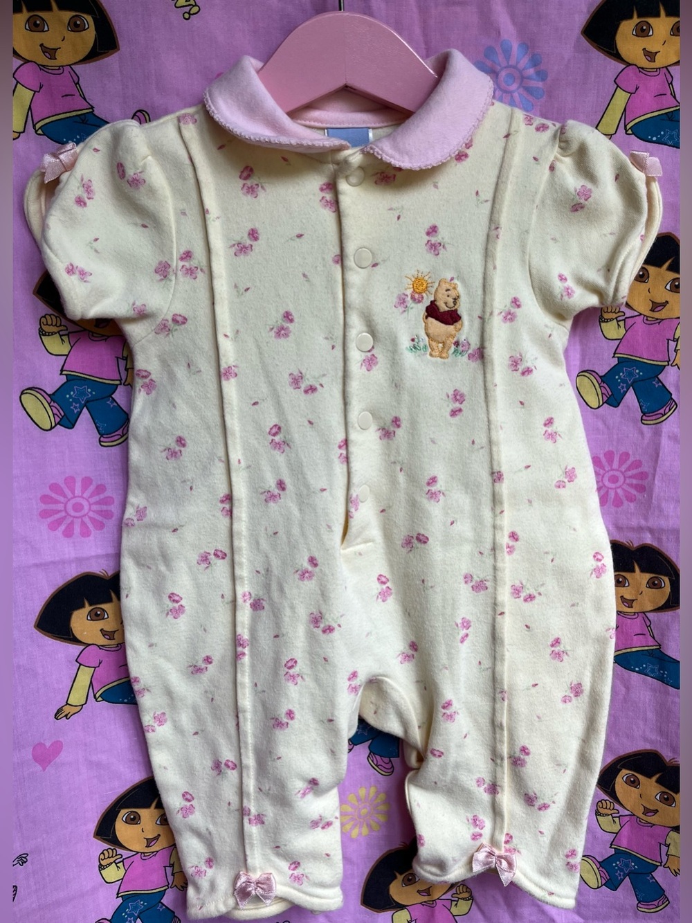 Vintage Style Pooh Disney Baby Yellow and Pink Floral One-Piece Romper